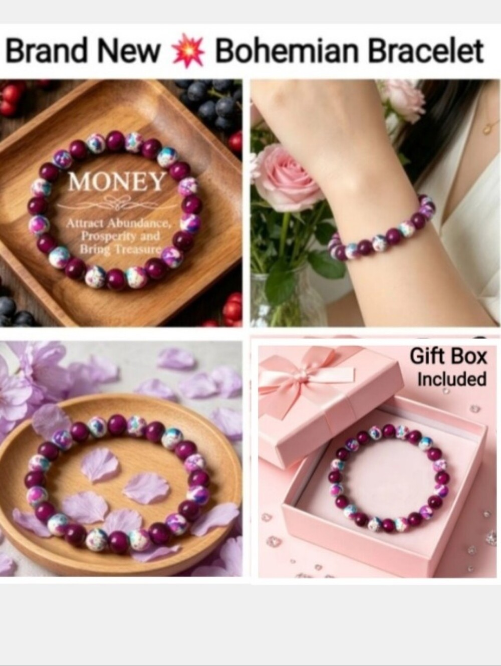 Handmade Natural Stone Wealth Bracelet, Purple Flower Turquoise & Tiger's Eye